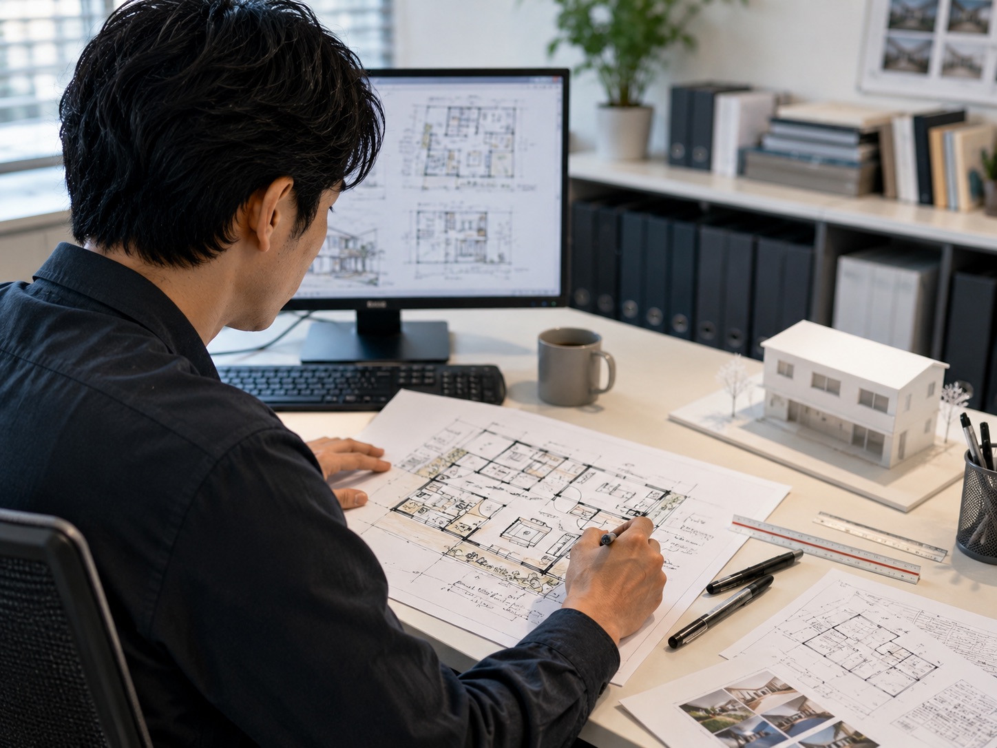 間取り図と住宅模型で設計を検討する様子